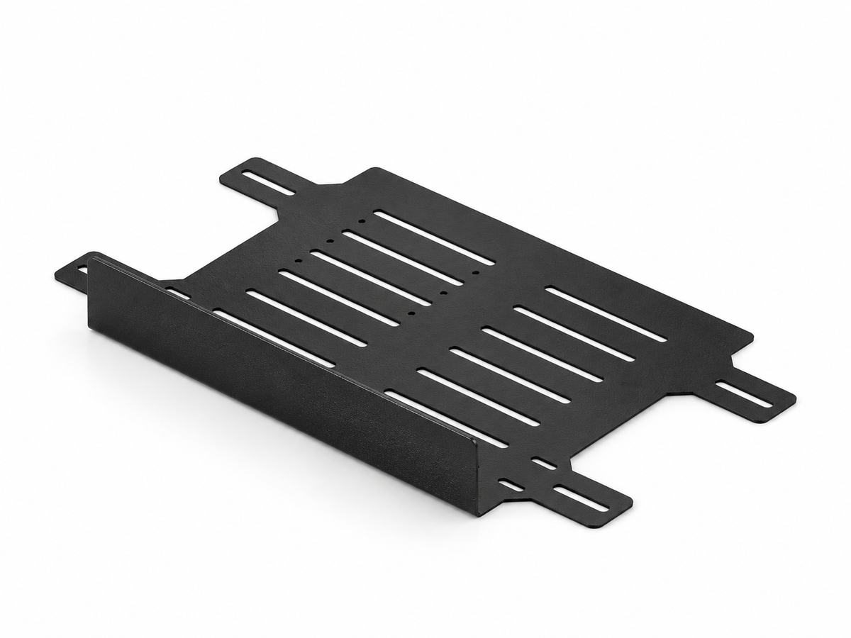 AI-enhanced CAD render of the black Speednation Cable Management Tray V2, reverse angled view