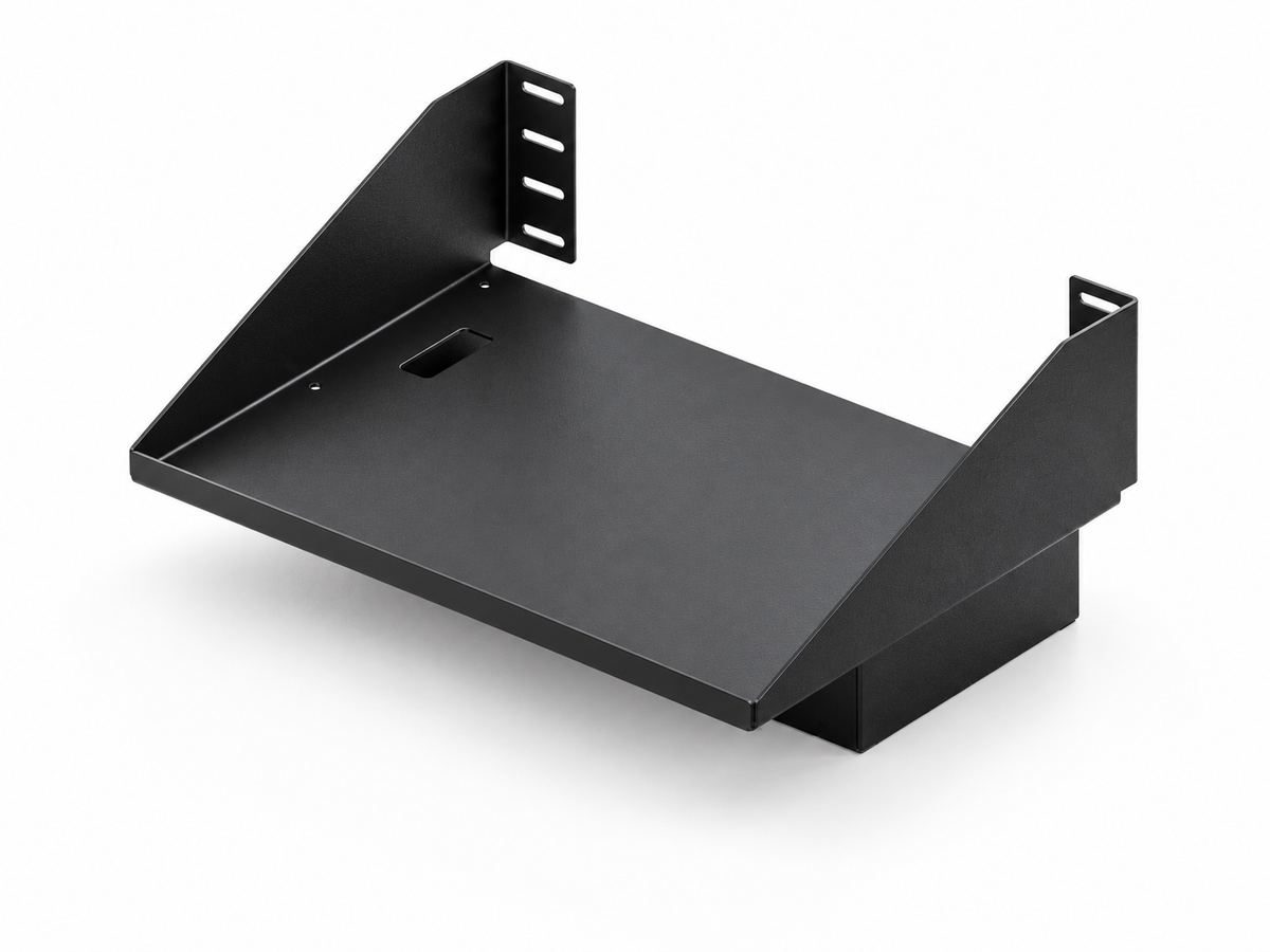 Speednation updated PC shelf in textured black, front three-quarter view. AI-enhanced CAD visualisation.
