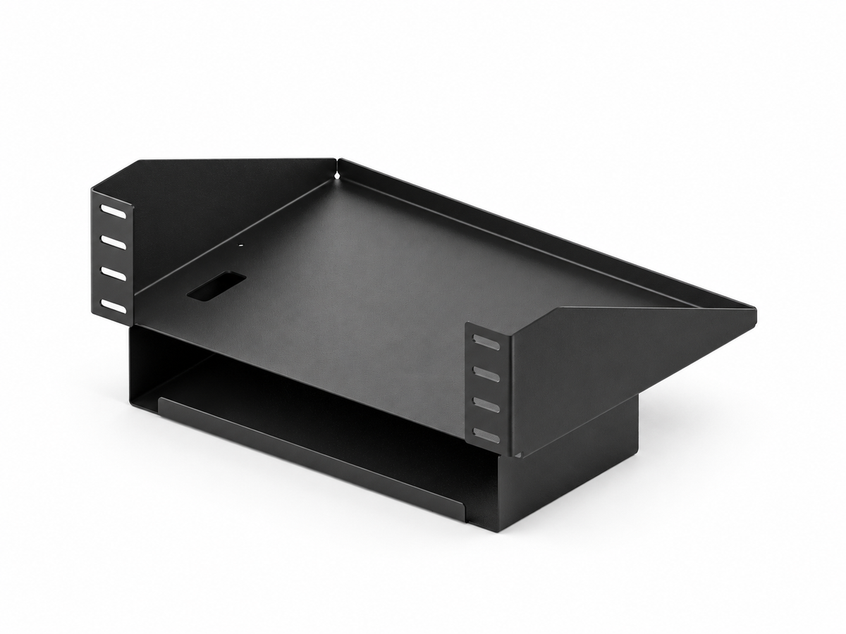 Speednation updated PC shelf and under-shelf cable tray in textured black, rear three-quarter view. AI-enhanced CAD visualisation.