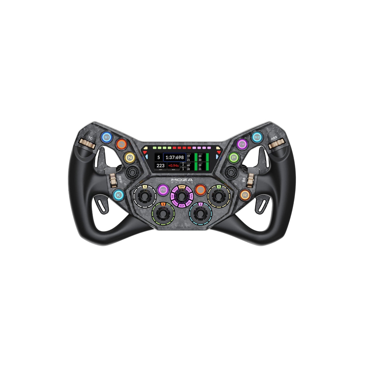 MOZA KS Pro steering wheel showing its display, buttons and rotary controls