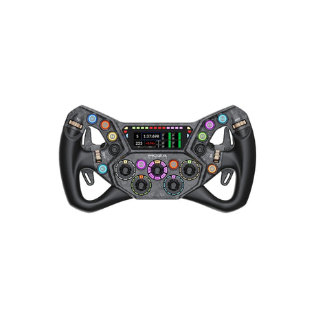 MOZA KS Pro steering wheel showing its display, buttons and rotary controls