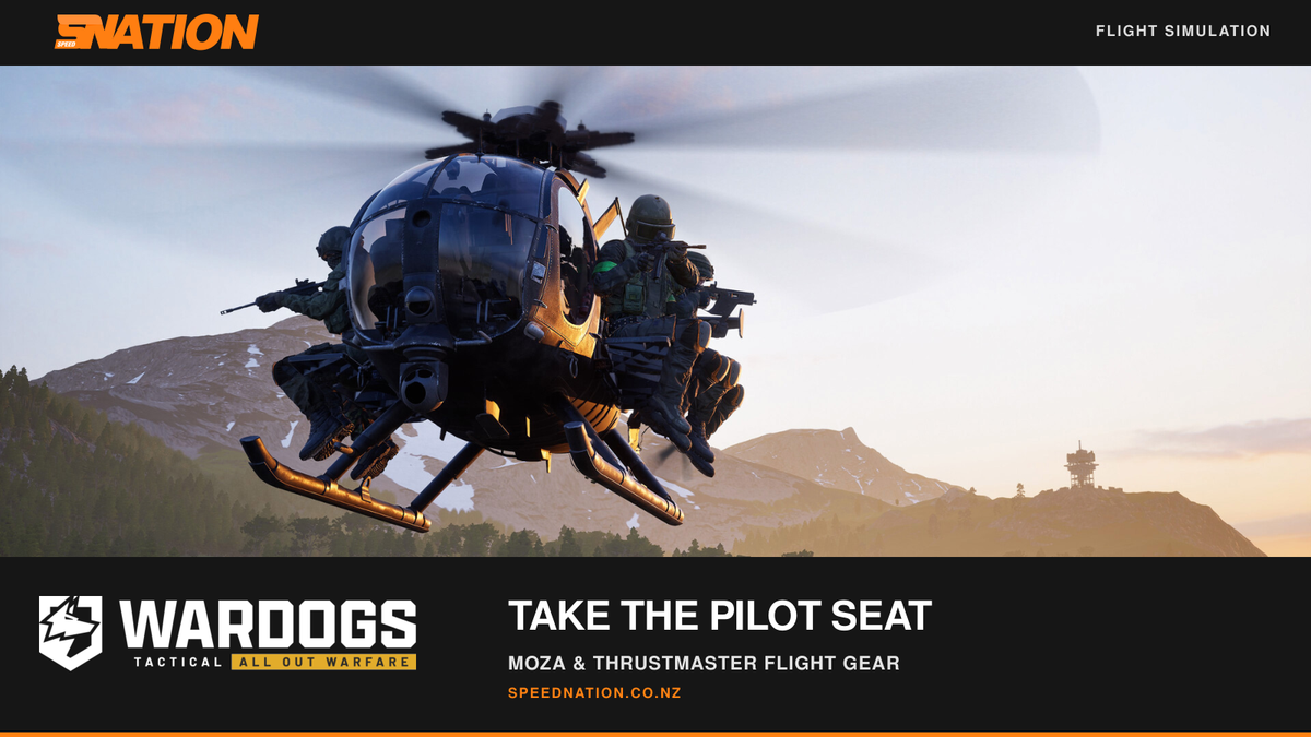 Speednation and WARDOGS logos with an official WARDOGS helicopter screenshot and MOZA and Thrustmaster flight gear headline