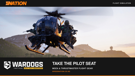 Speednation and WARDOGS logos with an official WARDOGS helicopter screenshot and MOZA and Thrustmaster flight gear headline