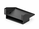 Speednation updated PC shelf and under-shelf cable tray in textured black, rear three-quarter view. AI-enhanced CAD visualisation.