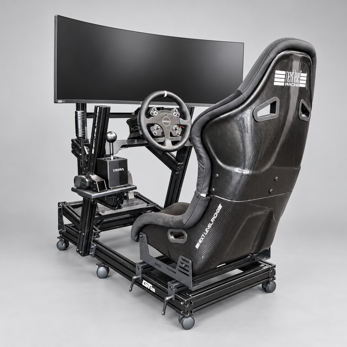 Sprint GT ultrawide racing simulator with GTElite cockpit, ES2 Carbon seat, MOZA wheel, shifter and handbrake — rear three-quarter view