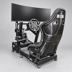Sprint GT ultrawide racing simulator with GTElite cockpit, ES2 Carbon seat, MOZA wheel, shifter and handbrake — rear three-quarter view