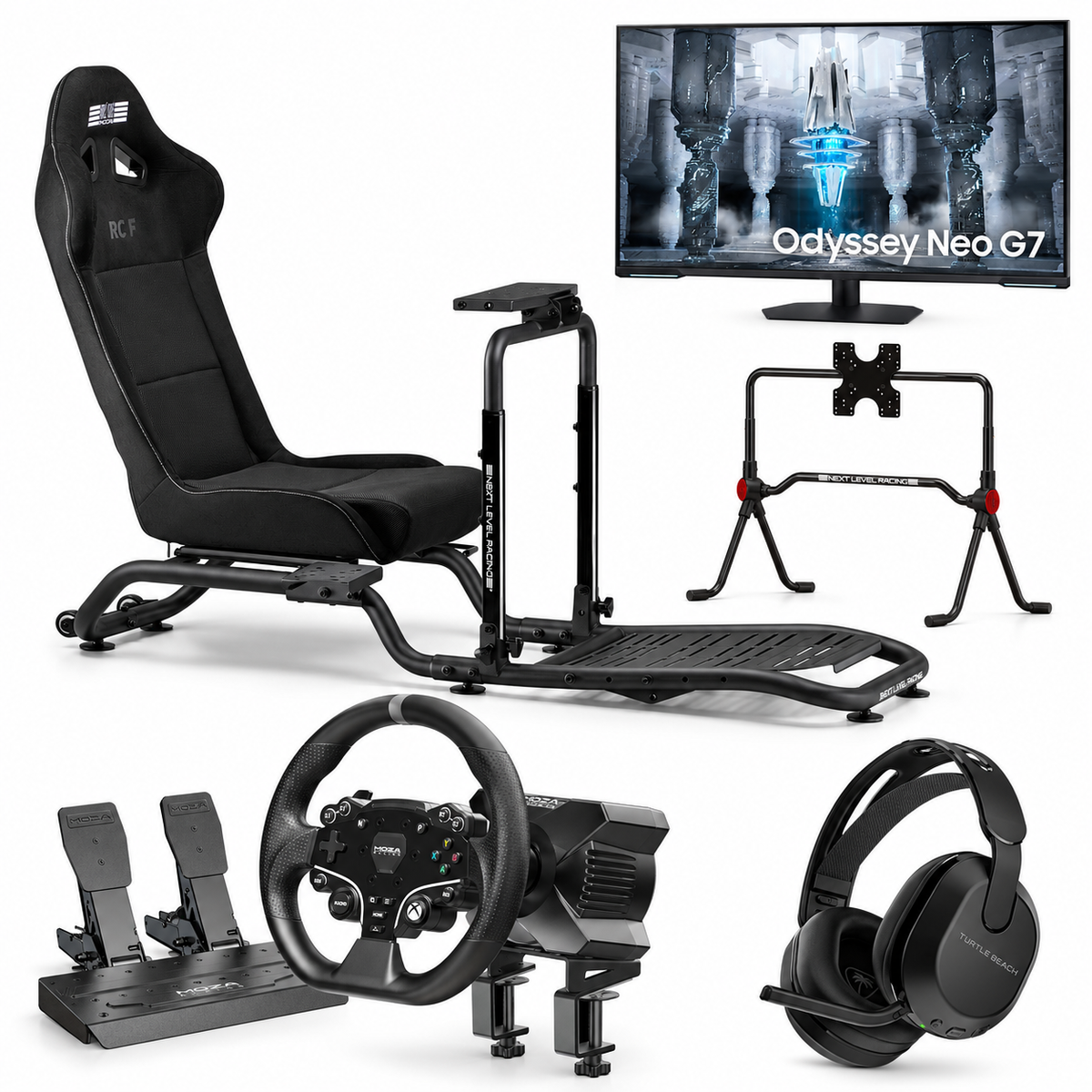 Xbox simulator package with Next Level Racing RC Foldable cockpit, MOZA R3 Xbox wheel and pedals, Samsung 43-inch Neo G7 monitor, Lite monitor stand and Stealth 500X headset
